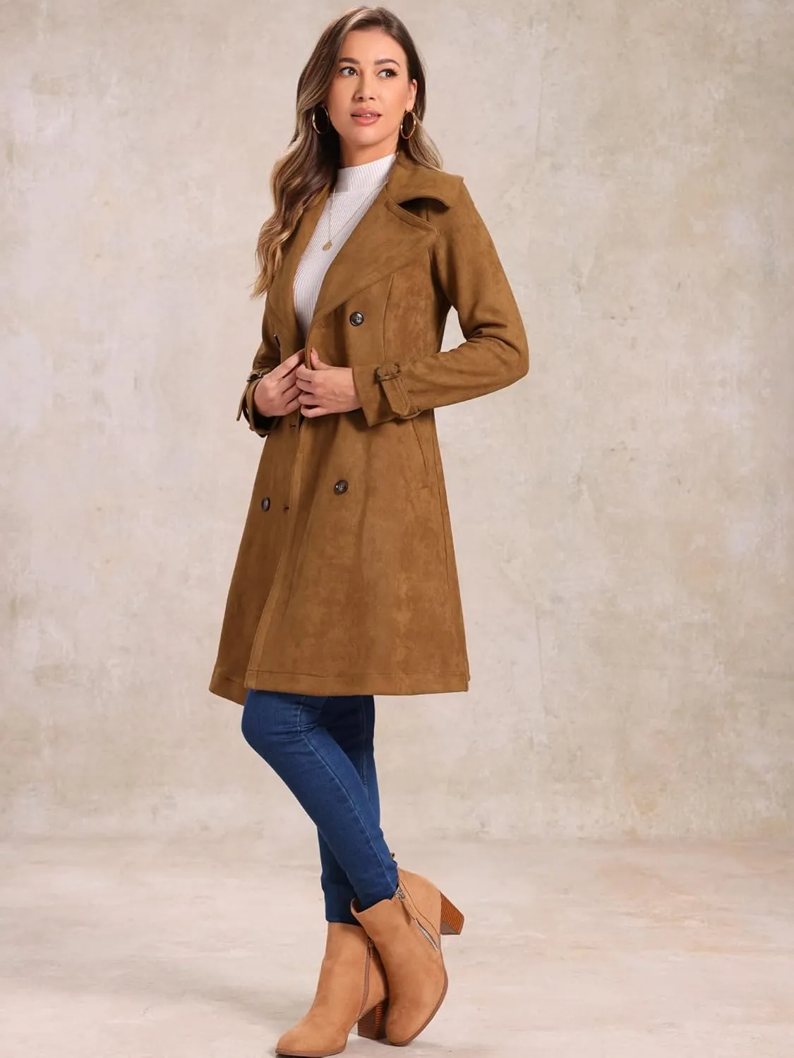 Allegra K Women's Faux Suede Trench Coat Jacket Classic 2023 Fall Winter Double Breasted Overcoat