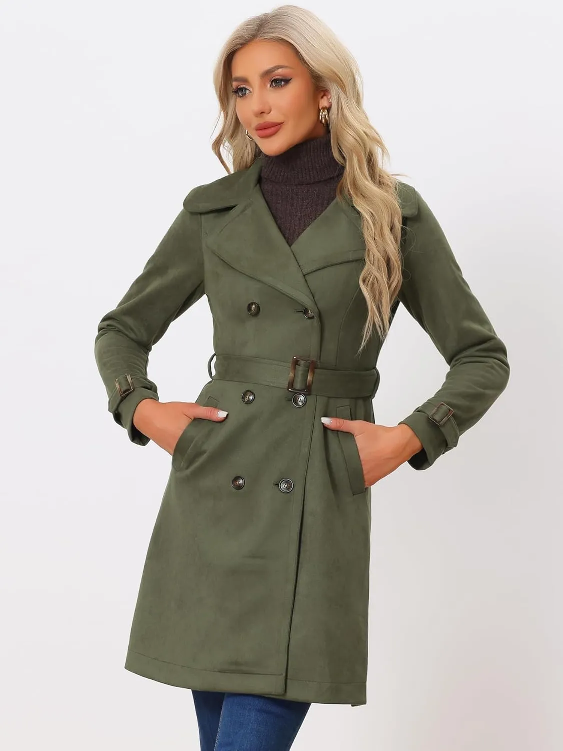 Allegra K Women's Faux Suede Trench Coat Jacket Classic 2023 Fall Winter Double Breasted Overcoat