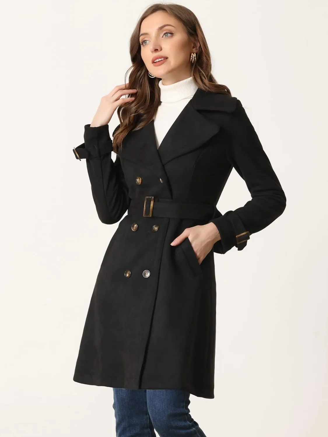 Allegra K Women's Faux Suede Trench Coat Jacket Classic 2023 Fall Winter Double Breasted Overcoat