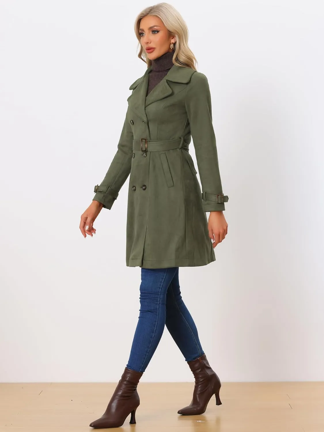 Allegra K Women's Faux Suede Trench Coat Jacket Classic 2023 Fall Winter Double Breasted Overcoat