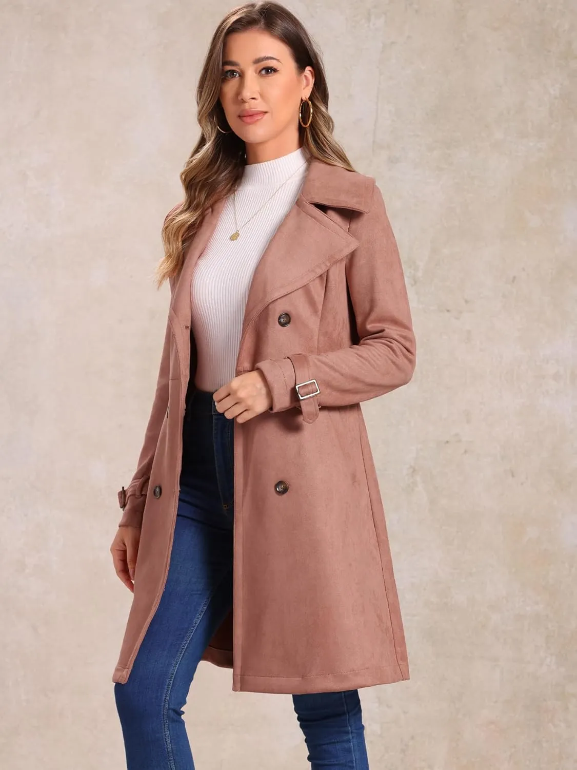 Allegra K Women's Faux Suede Trench Coat Jacket Classic 2023 Fall Winter Double Breasted Overcoat