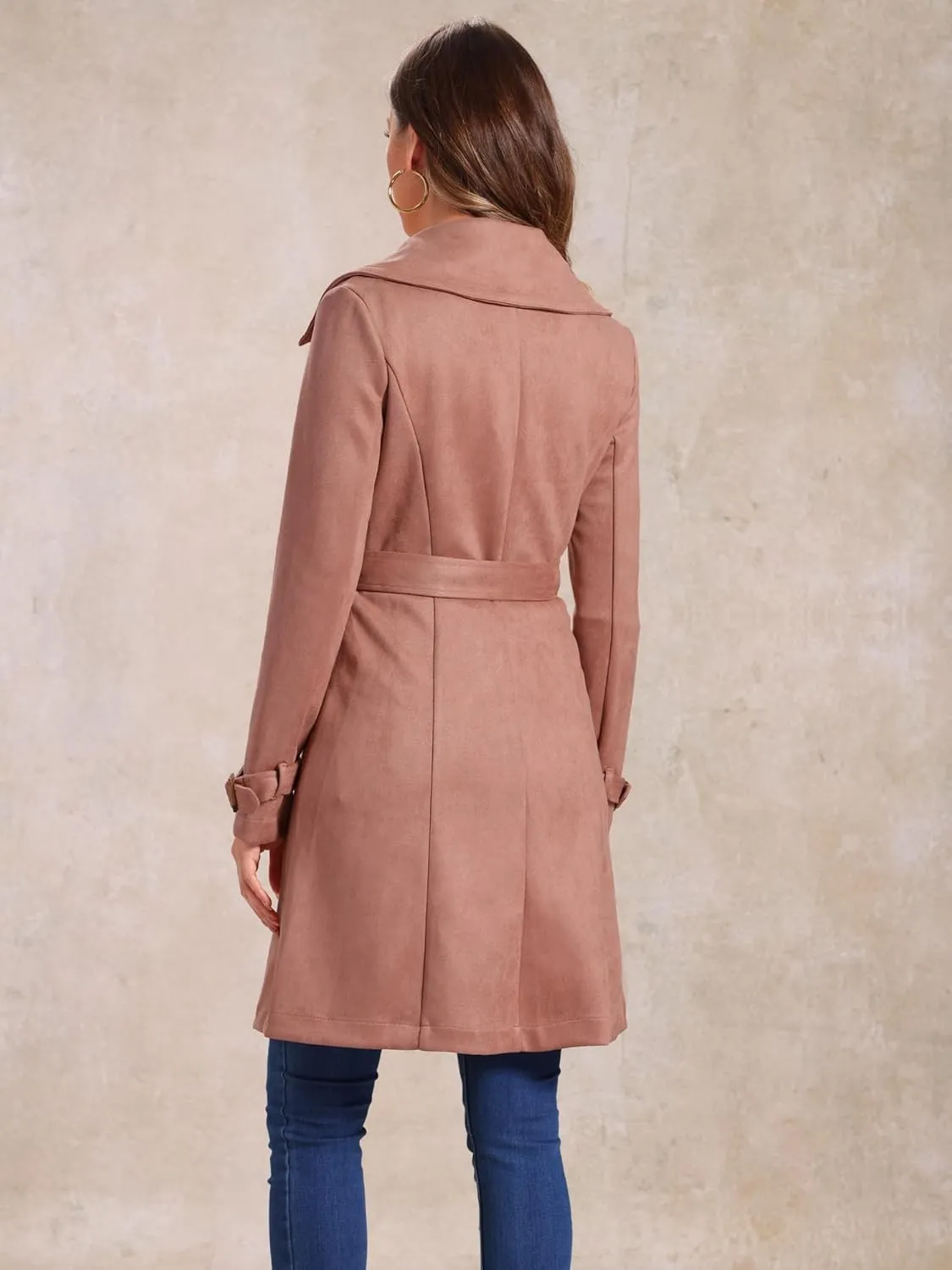 Allegra K Women's Faux Suede Trench Coat Jacket Classic 2023 Fall Winter Double Breasted Overcoat