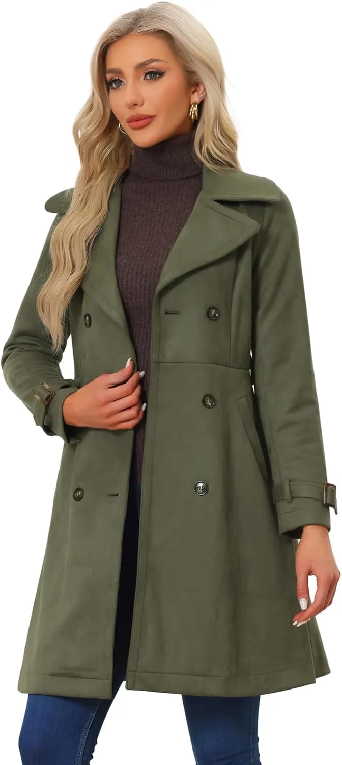 Allegra K Women's Faux Suede Trench Coat Jacket Classic 2023 Fall Winter Double Breasted Overcoat