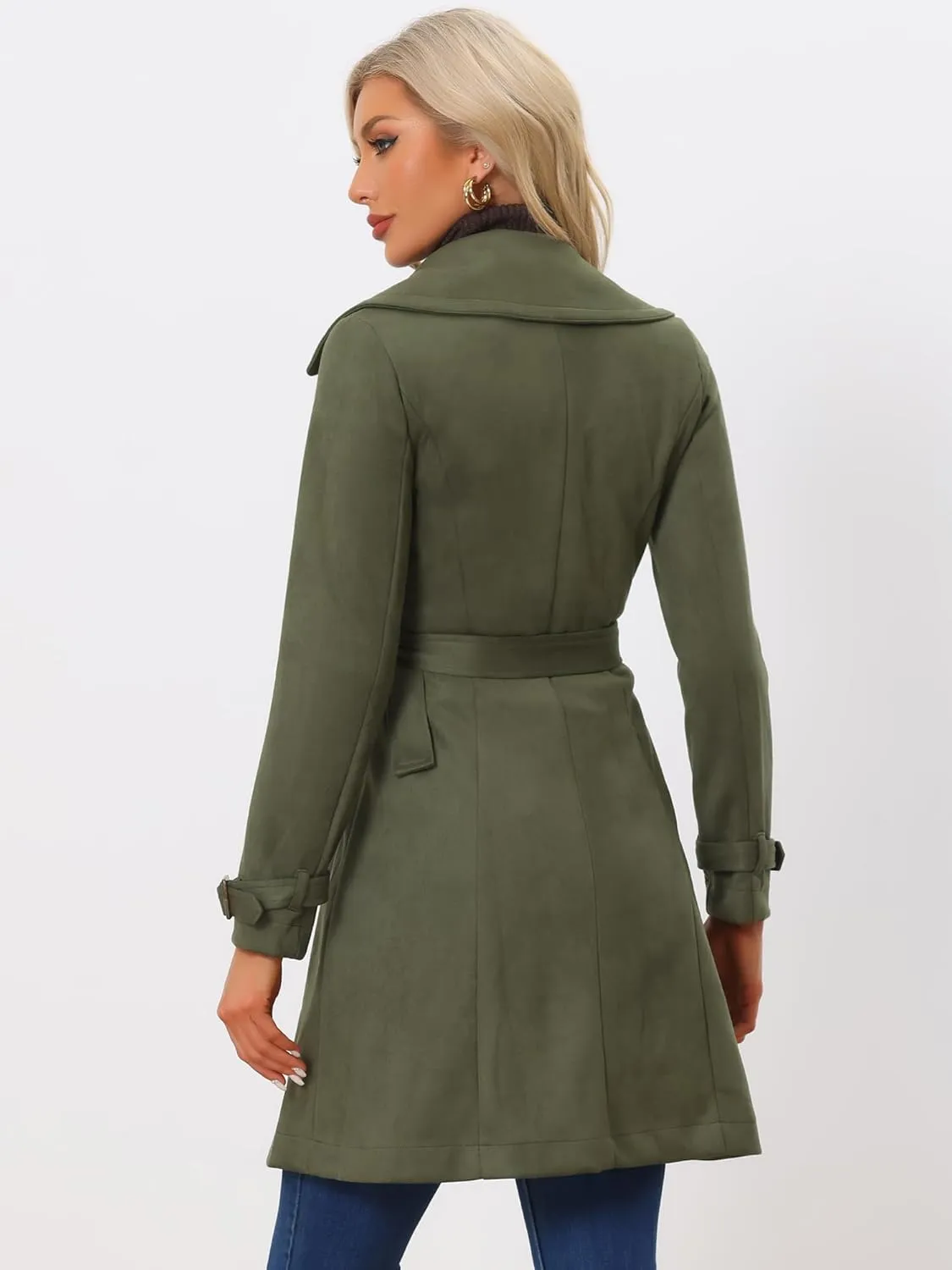 Allegra K Women's Faux Suede Trench Coat Jacket Classic 2023 Fall Winter Double Breasted Overcoat