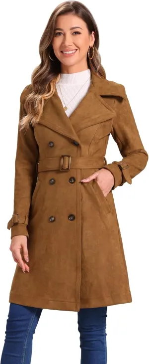 Allegra K Women's Faux Suede Trench Coat Jacket Classic 2023 Fall Winter Double Breasted Overcoat