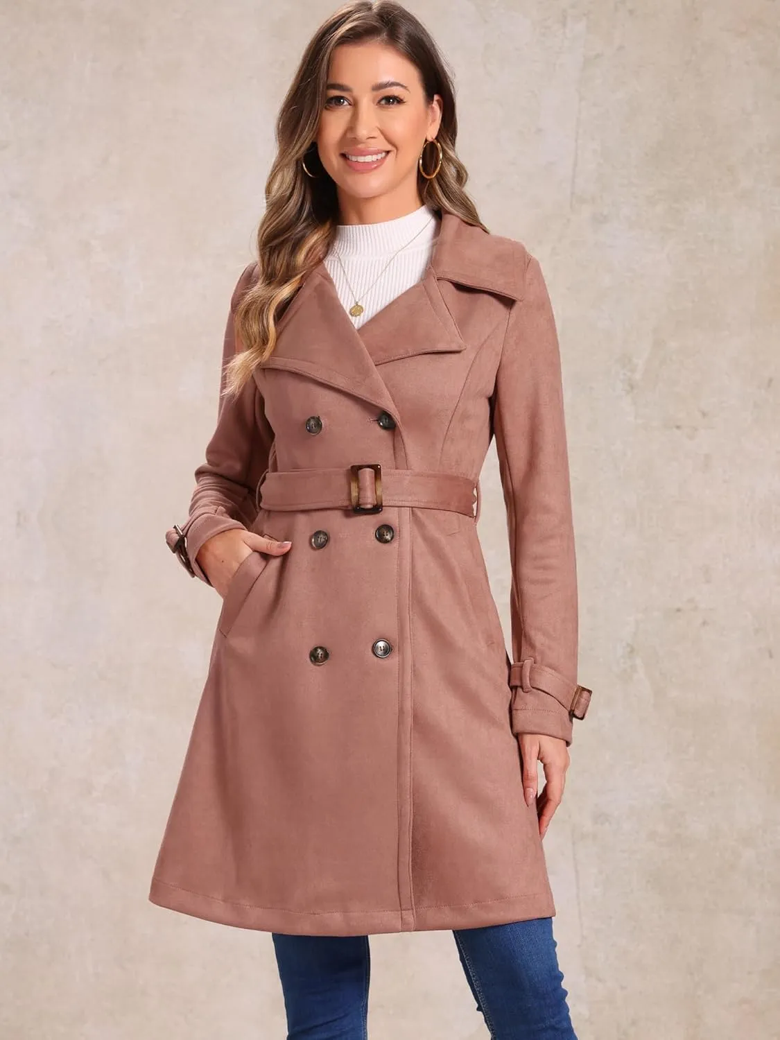 Allegra K Women's Faux Suede Trench Coat Jacket Classic 2023 Fall Winter Double Breasted Overcoat