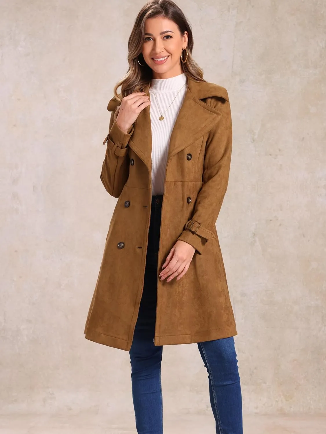 Allegra K Women's Faux Suede Trench Coat Jacket Classic 2023 Fall Winter Double Breasted Overcoat