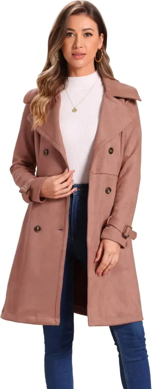 Allegra K Women's Faux Suede Trench Coat Jacket Classic 2023 Fall Winter Double Breasted Overcoat