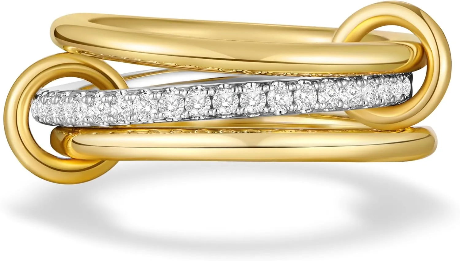 AllenCOCO 14K Gold Plated Stackable Rings, 3 Ring Set with Cubic Zirconia, Gold & Silver Stacked, Multi-Link Connected, Interlocking Band for Women, Statement, Hypoallergenic, Non Tarnish, Size 10.5