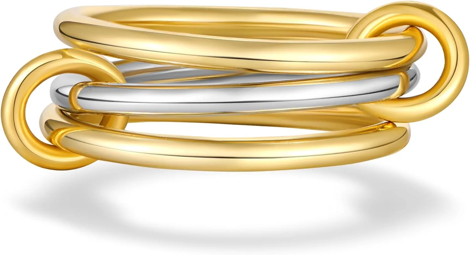 AllenCOCO 14K Gold Plated Stackable Rings, 3 Ring Set with CZ Cubic Zirconia, Gold & Silver Stacked, Multi-Link Connected, Interlocking Band for Women, Statement, Hypoallergenic, Non Tarnish
