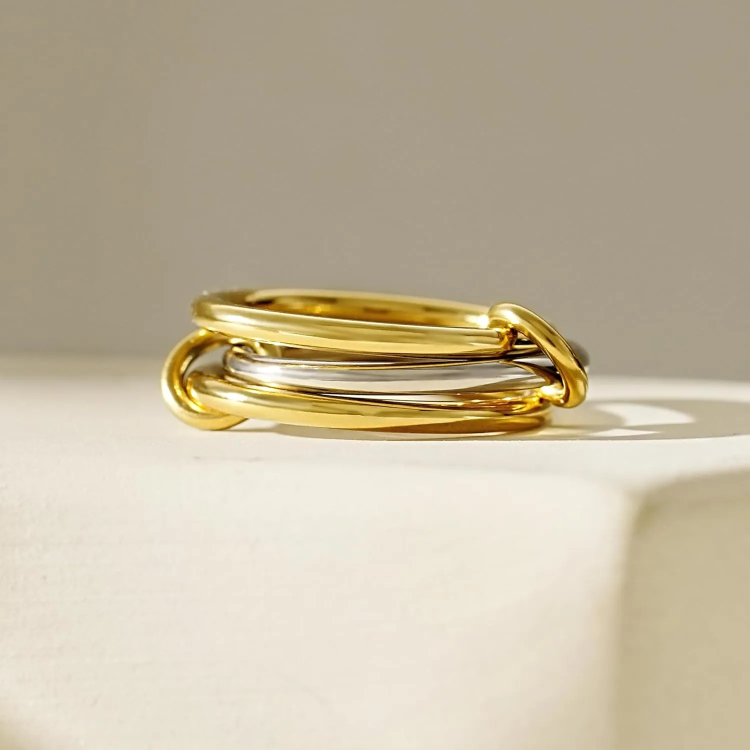 AllenCOCO 14K Gold Plated Stackable Rings, 3 Ring Set with CZ Cubic Zirconia, Gold & Silver Stacked, Multi-Link Connected, Interlocking Band for Women, Statement, Hypoallergenic, Non Tarnish