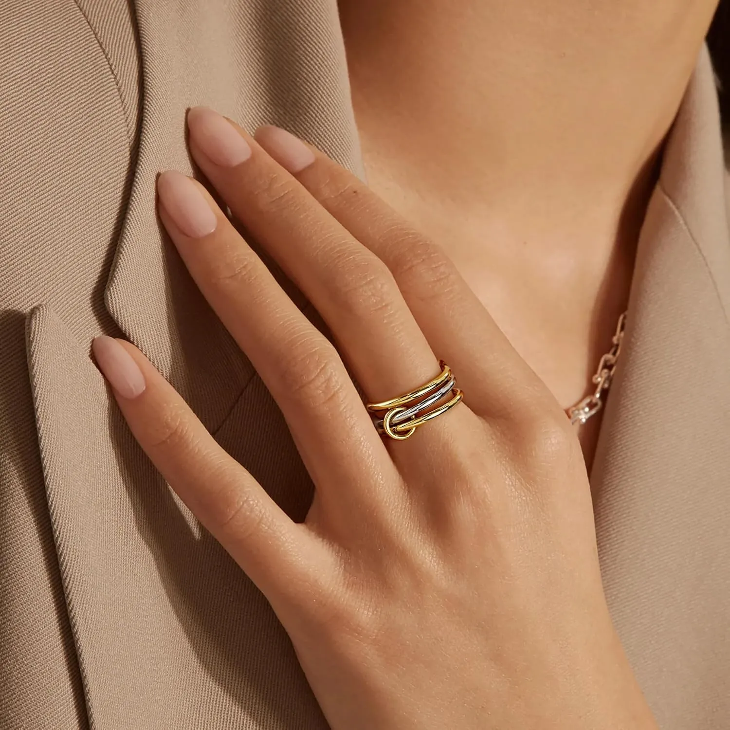 AllenCOCO 14K Gold Plated Stackable Rings, 3 Ring Set with CZ Cubic Zirconia, Gold & Silver Stacked, Multi-Link Connected, Interlocking Band for Women, Statement, Hypoallergenic, Non Tarnish