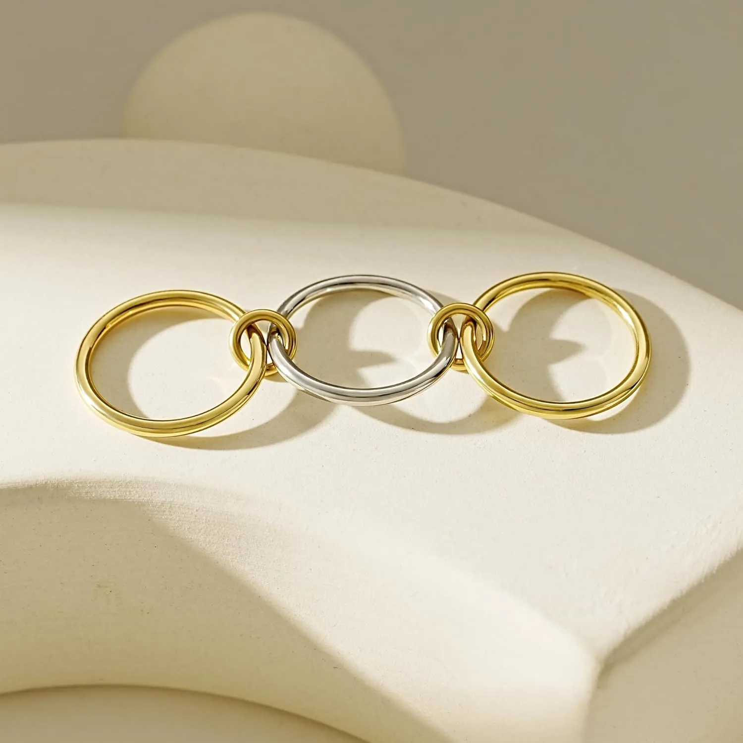 AllenCOCO 14K Gold Plated Stackable Rings, 3 Ring Set with CZ Cubic Zirconia, Gold & Silver Stacked, Multi-Link Connected, Interlocking Band for Women, Statement, Hypoallergenic, Non Tarnish