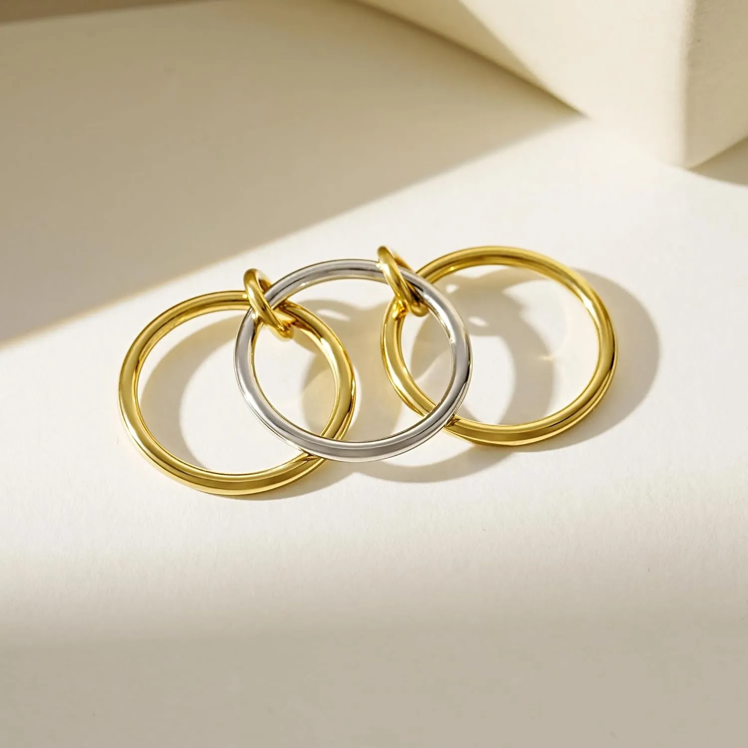 AllenCOCO 14K Gold Plated Stackable Rings, 3 Ring Set with CZ Cubic Zirconia, Gold & Silver Stacked, Multi-Link Connected, Interlocking Band for Women, Statement, Hypoallergenic, Non Tarnish
