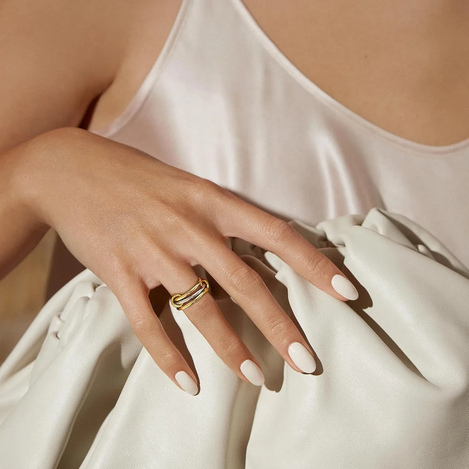 AllenCOCO 14K Gold Plated Stackable Rings, 3 Ring Set with CZ Cubic Zirconia, Gold & Silver Stacked, Multi-Link Connected, Interlocking Band for Women, Statement, Hypoallergenic, Non Tarnish