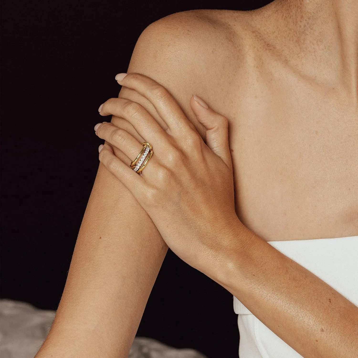 AllenCOCO 14K Gold Plated Stackable Rings, 3 Ring Set with CZ Cubic Zirconia, Gold & Silver Stacked, Multi-Link Connected, Interlocking Band for Women, Statement, Hypoallergenic