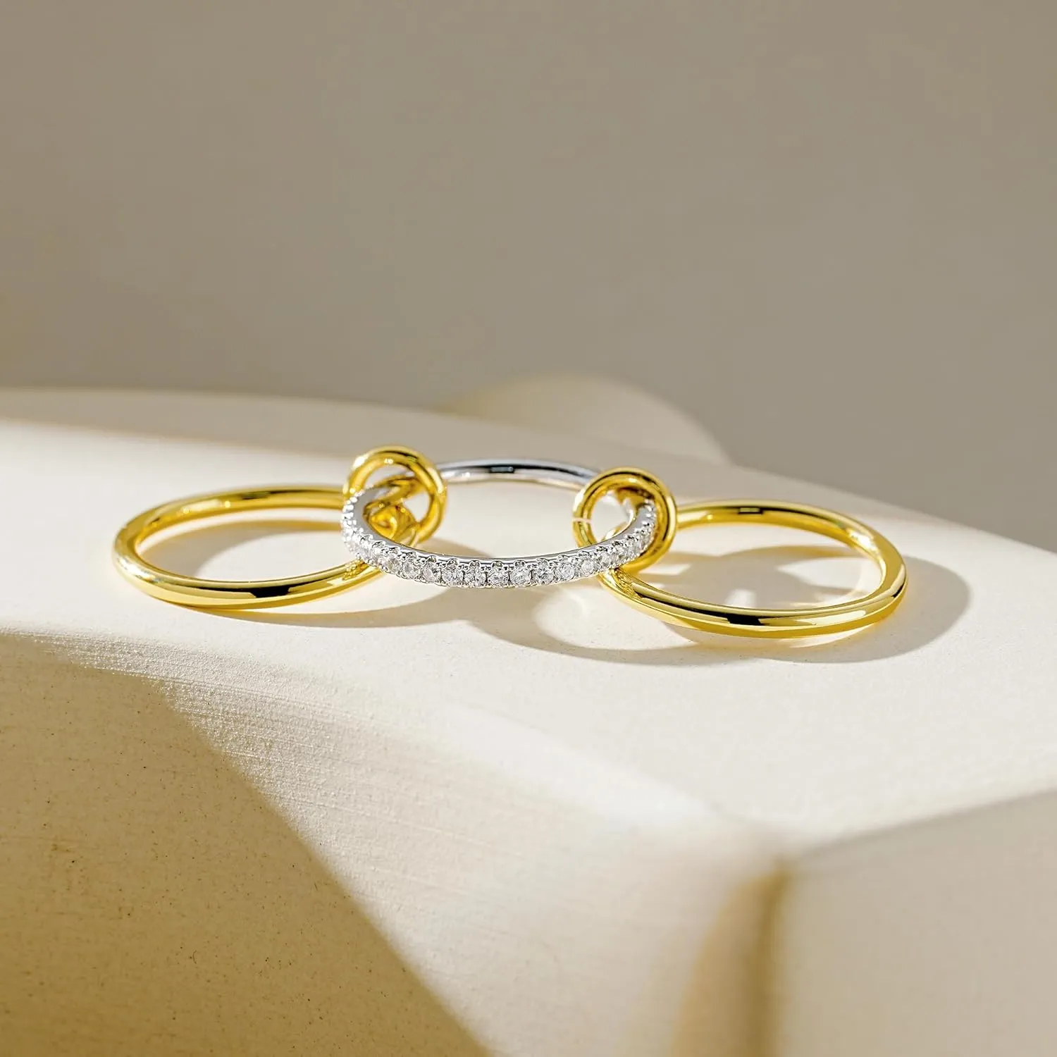 AllenCOCO 14K Gold Plated Stackable Rings, 3 Ring Set with CZ Cubic Zirconia, Gold & Silver Stacked, Multi-Link Connected, Interlocking Band for Women, Statement, Hypoallergenic