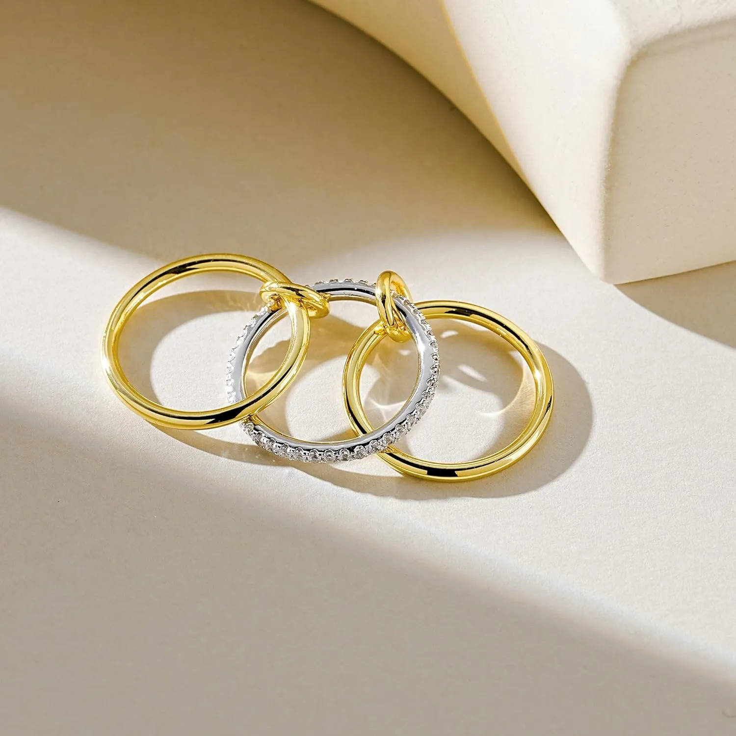 AllenCOCO 14K Gold Plated Stackable Rings, 3 Ring Set with CZ Cubic Zirconia, Gold & Silver Stacked, Multi-Link Connected, Interlocking Band for Women, Statement, Hypoallergenic
