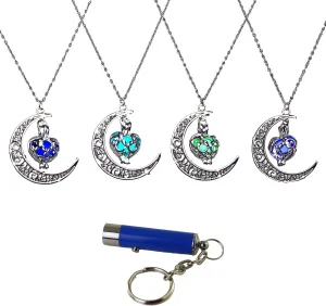 AlterImage Crescent Moon Glow in The Dark Necklaces 4 Pack Luminous Jewelry Green Purple Blue & Sky Blue Includes UV Light