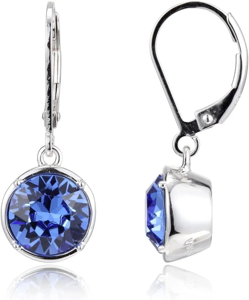 Amazon Collection Sterling Silver Bezel Set Round Crystal Lever Back Dangle Earrings