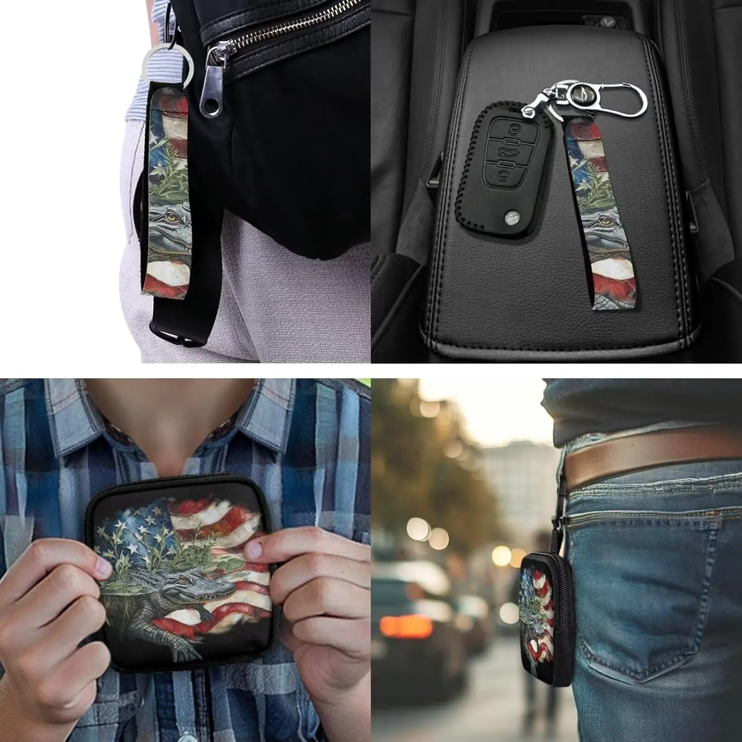 American Crocodile Print Mini EDC Utility Pouch Small Purse for Phone Charger, Patriotic USA Flag Small Tactical Storage Bag Waist Case Earphone Pack for Hiking