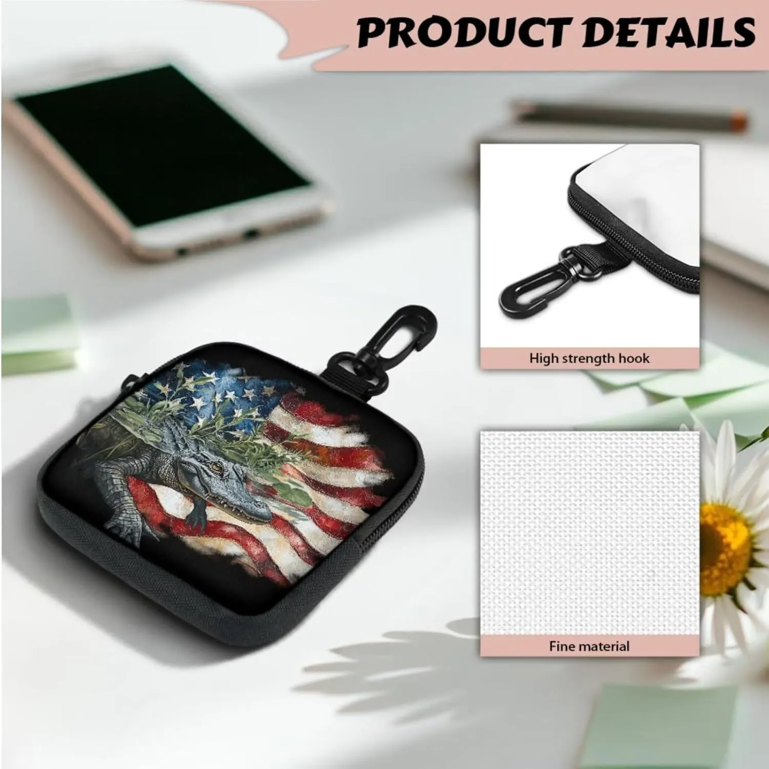 American Crocodile Print Mini EDC Utility Pouch Small Purse for Phone Charger, Patriotic USA Flag Small Tactical Storage Bag Waist Case Earphone Pack for Hiking