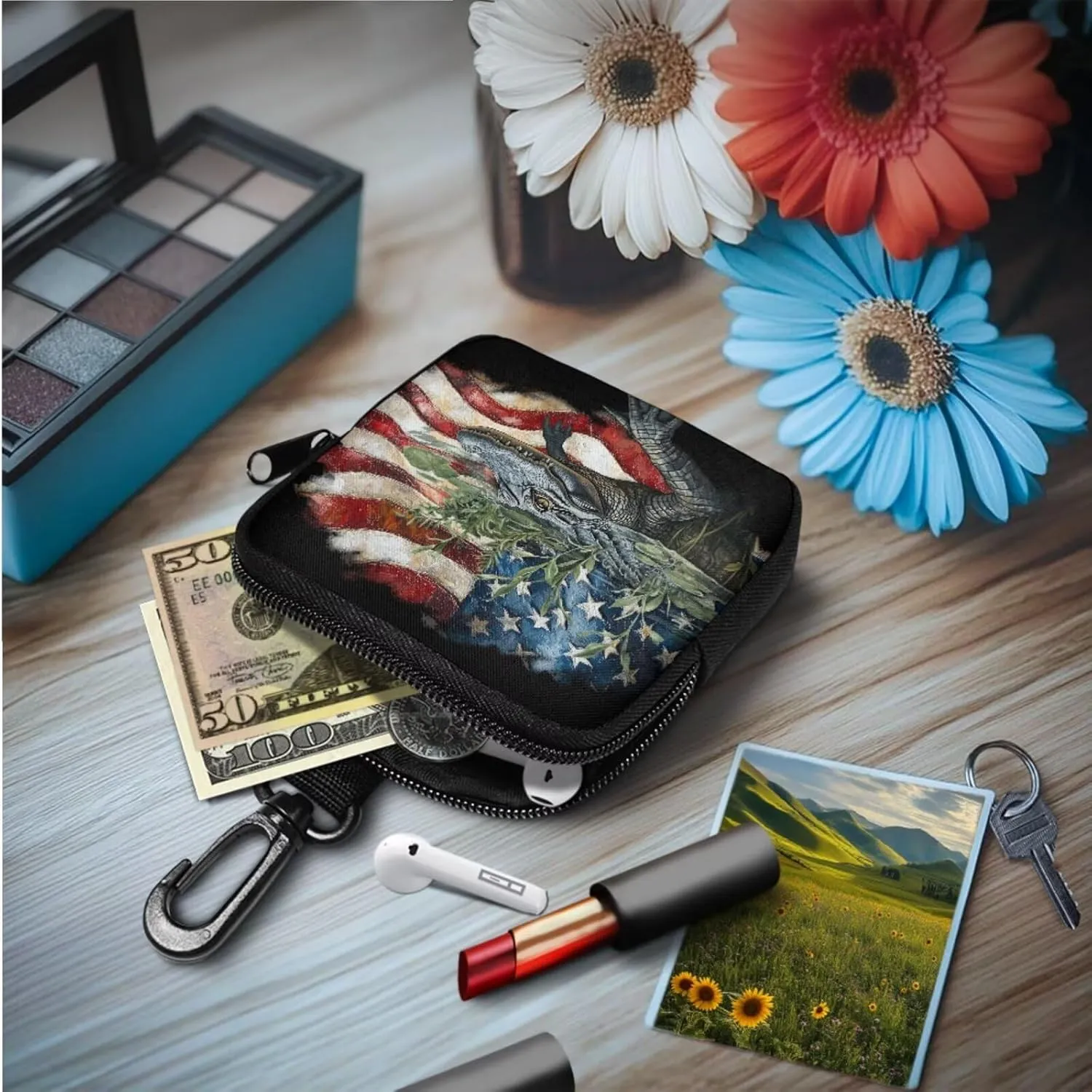 American Crocodile Print Mini EDC Utility Pouch Small Purse for Phone Charger, Patriotic USA Flag Small Tactical Storage Bag Waist Case Earphone Pack for Hiking