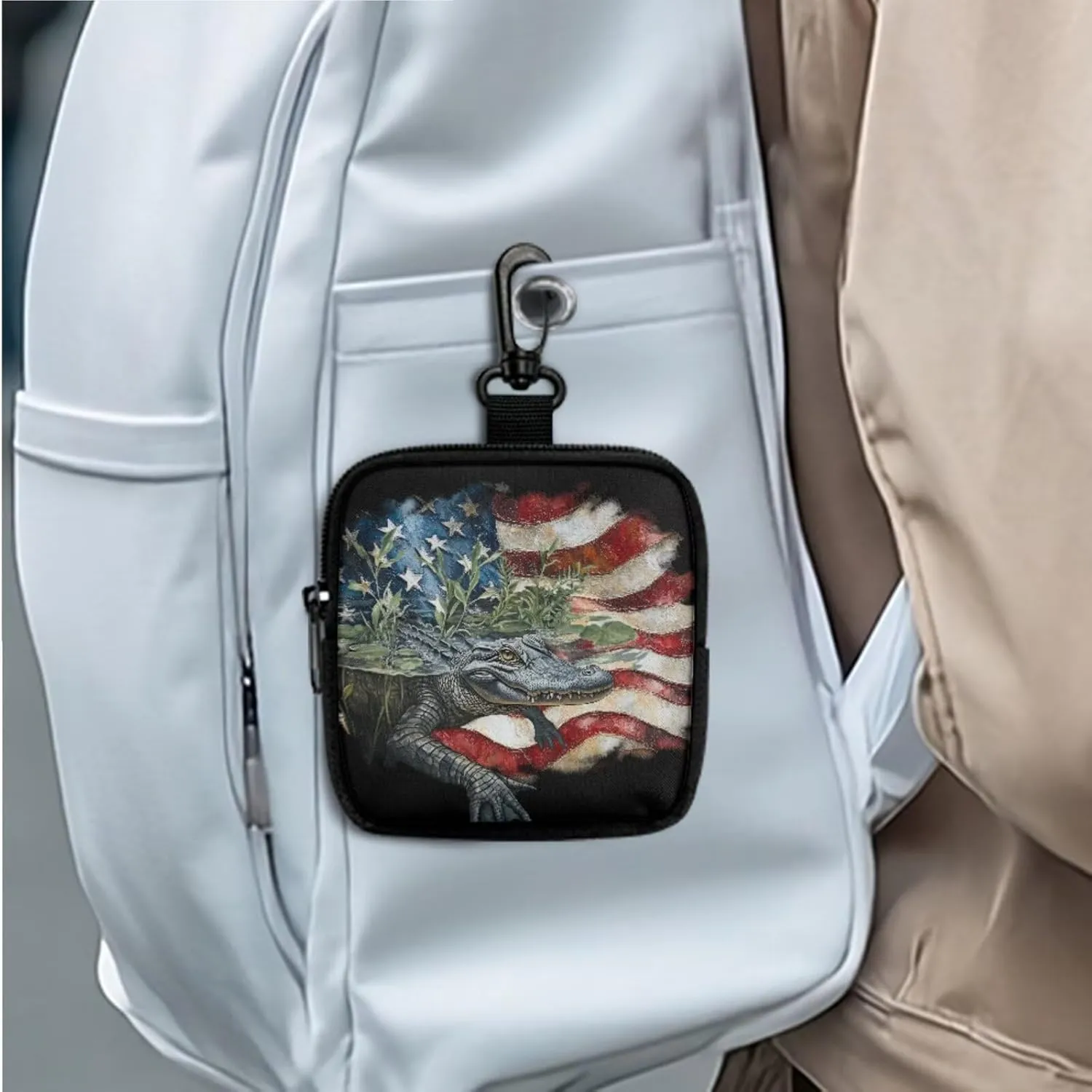 American Crocodile Print Mini EDC Utility Pouch Small Purse for Phone Charger, Patriotic USA Flag Small Tactical Storage Bag Waist Case Earphone Pack for Hiking