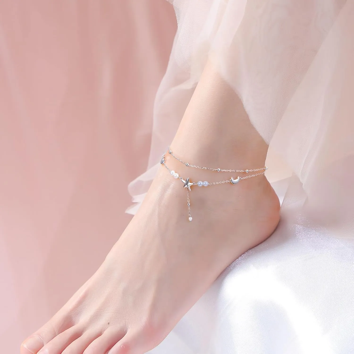 Anklets for Women 925 Sterling Silver Double Layered Beaded Anklet Bracelets Sea Turtle/Starfish/Sea Wave Adjustable Chain Summer Beach Jewelry for Wife Girlfriend Mom Mothers Day Birthday Vacation