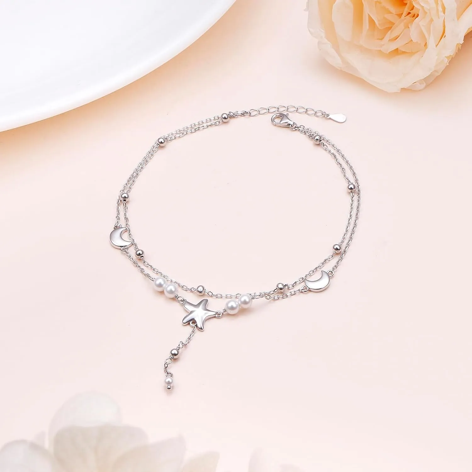 Anklets for Women 925 Sterling Silver Double Layered Beaded Anklet Bracelets Sea Turtle/Starfish/Sea Wave Adjustable Chain Summer Beach Jewelry for Wife Girlfriend Mom Mothers Day Birthday Vacation