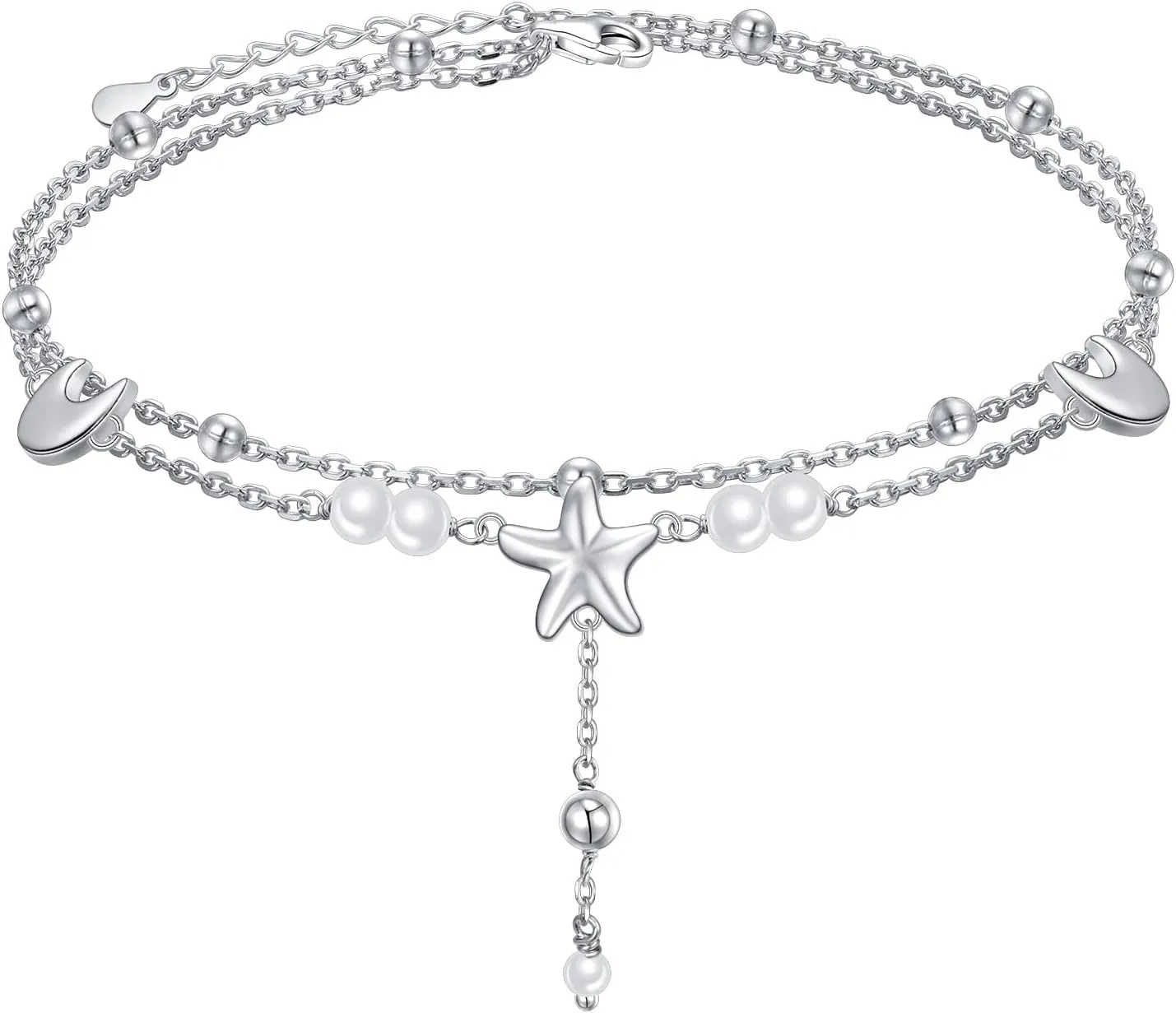 Anklets for Women 925 Sterling Silver Double Layered Beaded Anklet Bracelets Sea Turtle/Starfish/Sea Wave Adjustable Chain Summer Beach Jewelry for Wife Girlfriend Mom Mothers Day Birthday Vacation