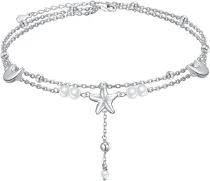 Anklets for Women 925 Sterling Silver Double Layered Beaded Anklet Bracelets Sea Turtle/Starfish/Sea Wave Adjustable Chain Summer Beach Jewelry for Wife Girlfriend Mom Mothers Day Birthday Vacation
