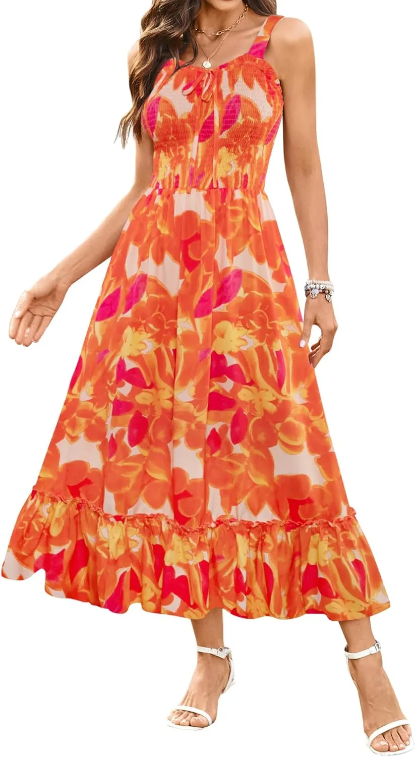 Arolina Women's Summer Floral Boho Dress 2025 Square Neck Maxi Dresses Solid Color Ruffle Beach Vacation Long Sundress