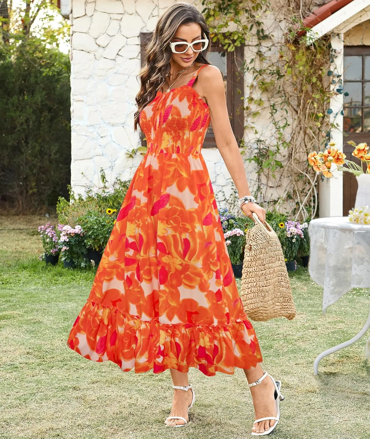 Arolina Women's Summer Floral Boho Dress 2025 Square Neck Maxi Dresses Solid Color Ruffle Beach Vacation Long Sundress
