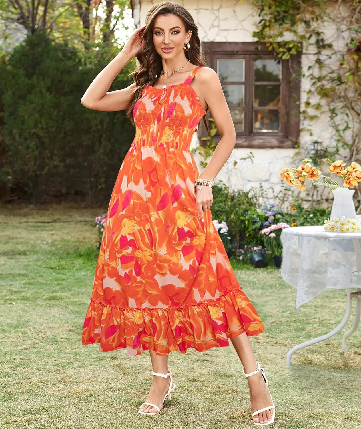 Arolina Women's Summer Floral Boho Dress 2025 Square Neck Maxi Dresses Solid Color Ruffle Beach Vacation Long Sundress