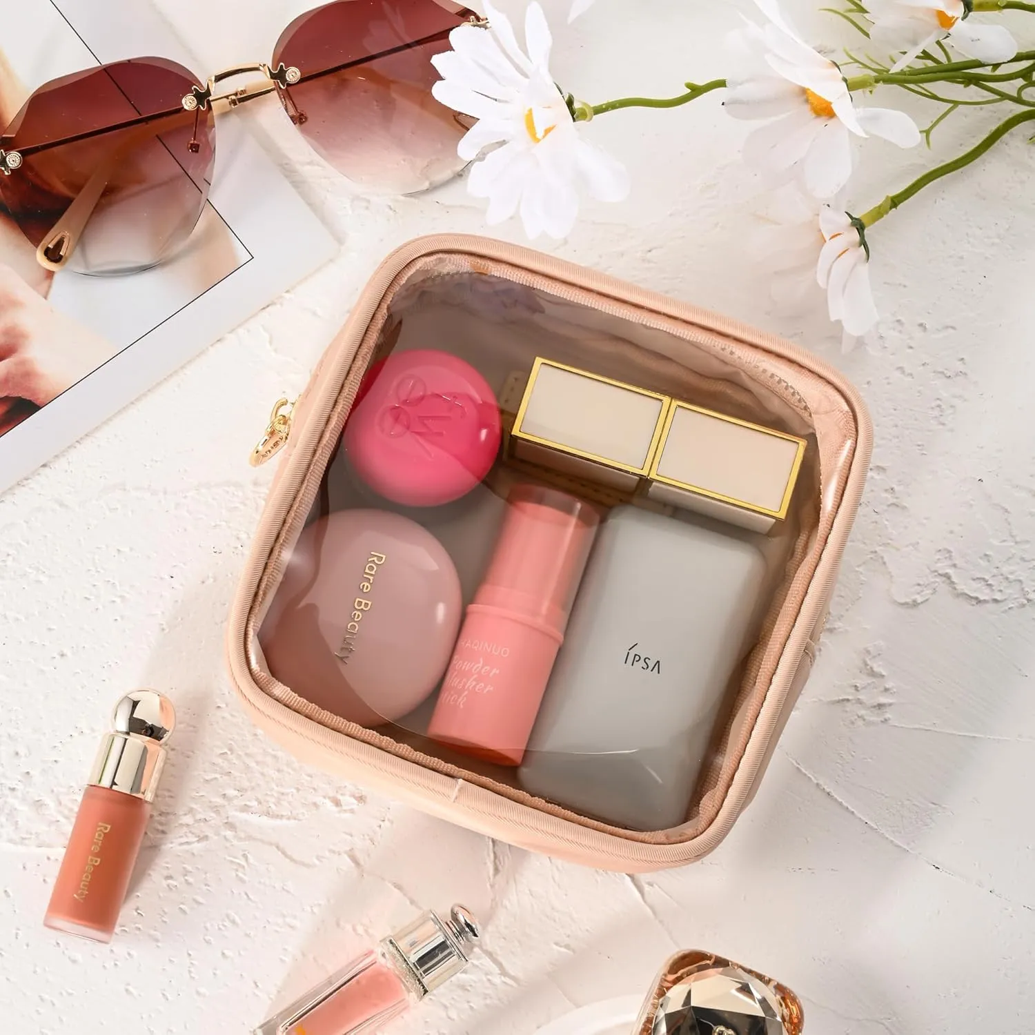 Aveniee Small Clear Makeup Bag, Mini Makeup Bag for Purse Organizer, Cosmetic Bag Travel Zipper Pouch for Women, Cute Car Accessories for Skincare Lipstick Essentials-Sand