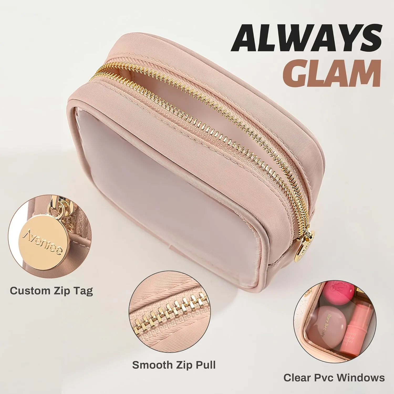 Aveniee Small Clear Makeup Bag, Mini Makeup Bag for Purse Organizer, Cosmetic Bag Travel Zipper Pouch for Women, Cute Car Accessories for Skincare Lipstick Essentials-Sand