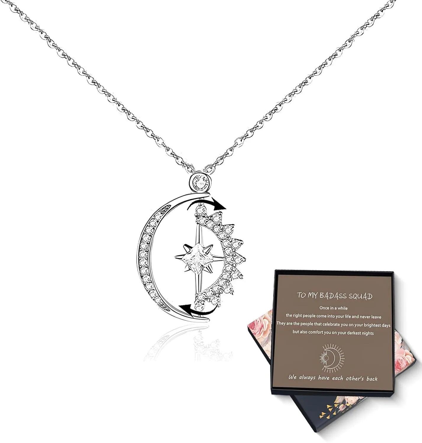 Badass Squad Necklace for Women, Rotatable Star and Moon Best Friend Friendship Pendant Necklace ''We Always Have Each Other's Back'' Meaningful Bestie Christmas Jewelry Gifts