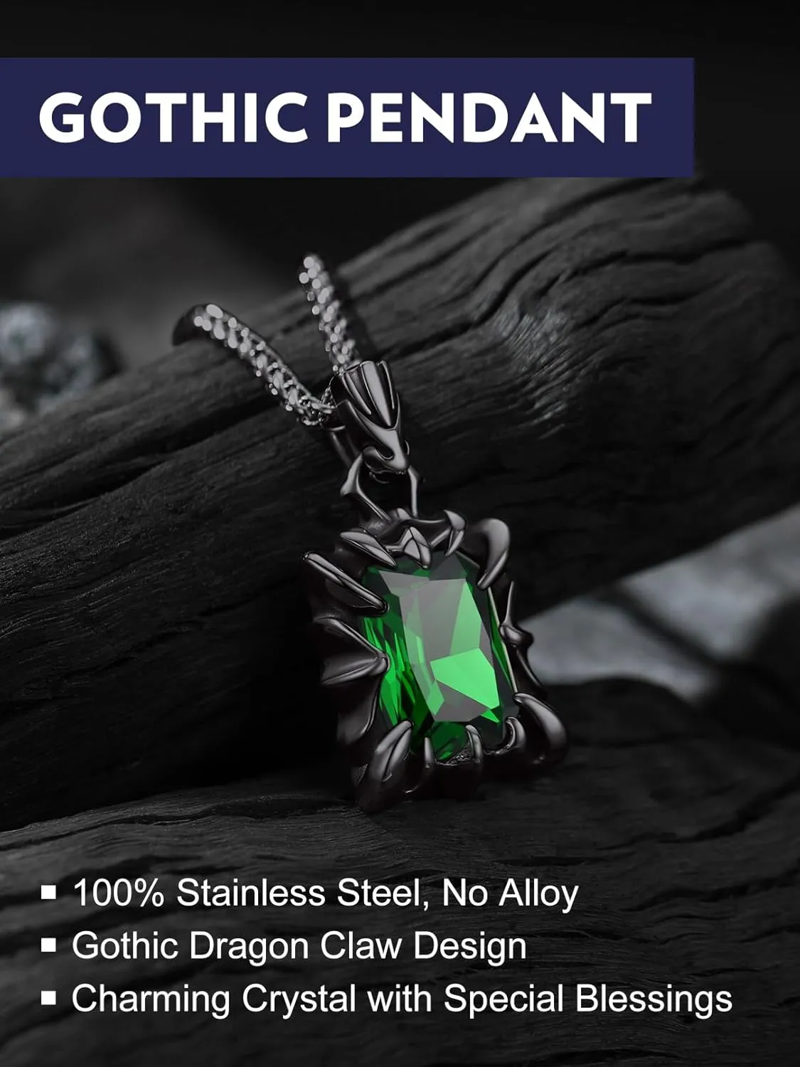 Bandmax Gothic Stone Pendant Necklaces for Men Women Stainless Steel Dragon Claw Ruby/Blue Topaz/Emerald/Black Onyx Gemstone Pendant Goth Punk Designer Necklace Halloween Jewelry