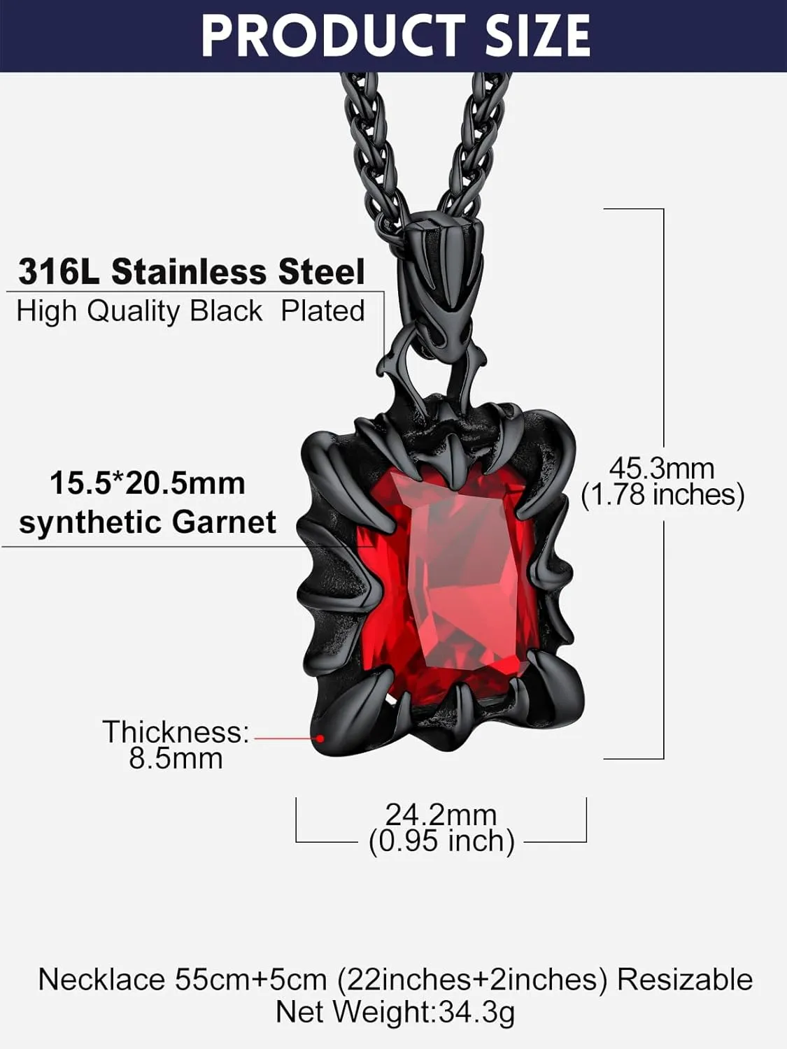 Bandmax Gothic Stone Pendant Necklaces for Men Women Stainless Steel Dragon Claw Ruby/Blue Topaz/Emerald/Black Onyx Gemstone Pendant Goth Punk Designer Necklace Halloween Jewelry