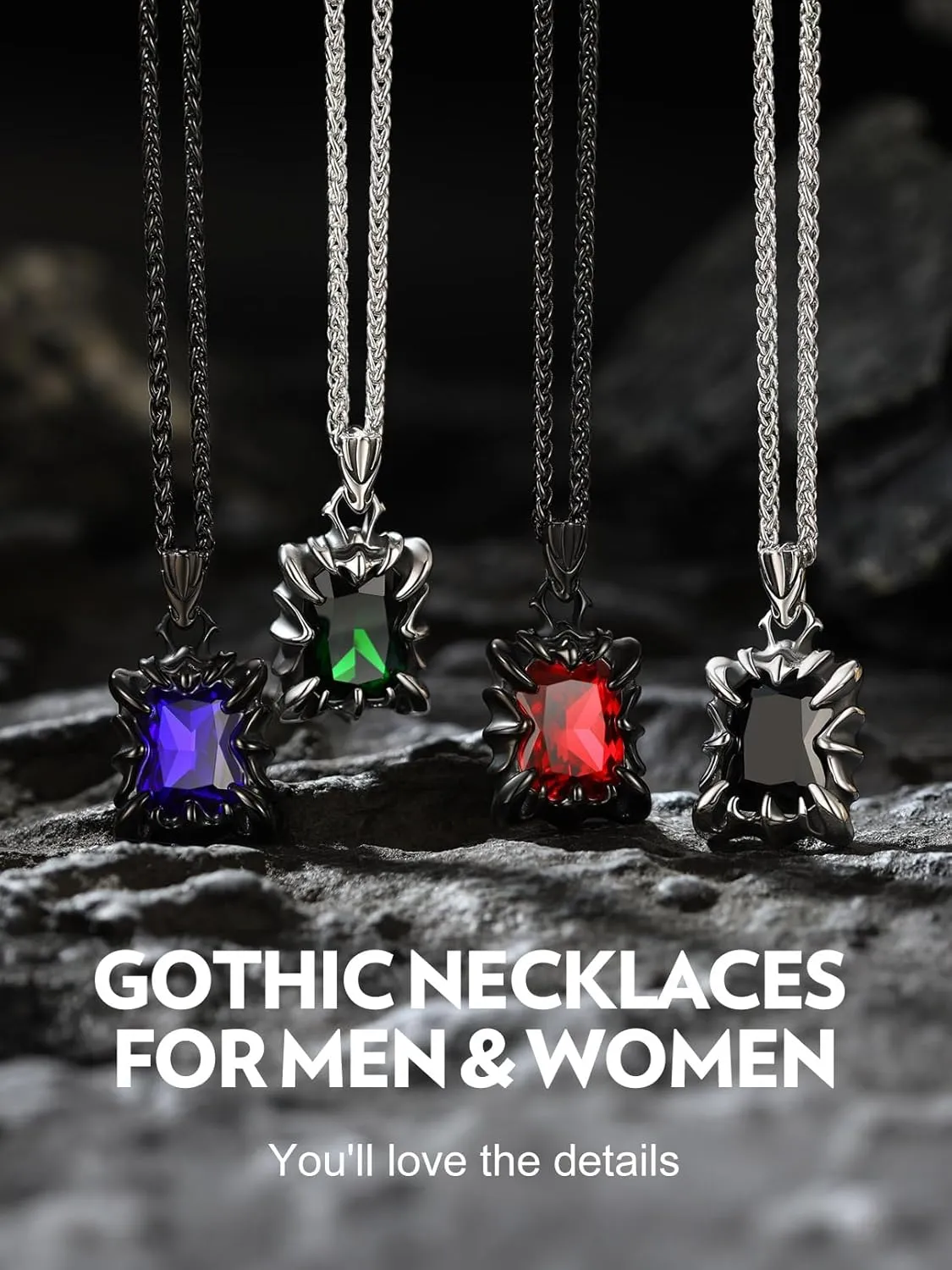 Bandmax Gothic Stone Pendant Necklaces for Men Women Stainless Steel Dragon Claw Ruby/Blue Topaz/Emerald/Black Onyx Gemstone Pendant Goth Punk Designer Necklace Halloween Jewelry