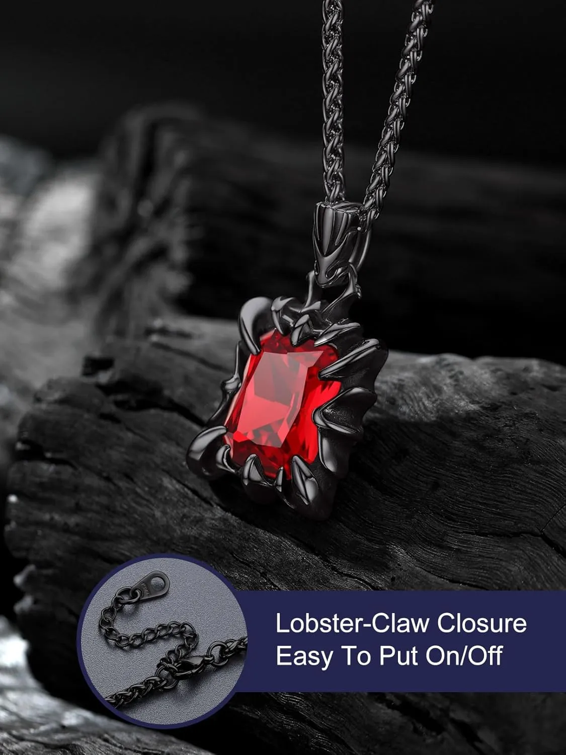 Bandmax Gothic Stone Pendant Necklaces for Men Women Stainless Steel Dragon Claw Ruby/Blue Topaz/Emerald/Black Onyx Gemstone Pendant Goth Punk Designer Necklace Halloween Jewelry