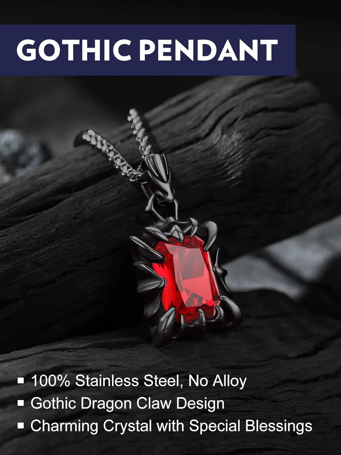 Bandmax Gothic Stone Pendant Necklaces for Men Women Stainless Steel Dragon Claw Ruby/Blue Topaz/Emerald/Black Onyx Gemstone Pendant Goth Punk Designer Necklace Halloween Jewelry