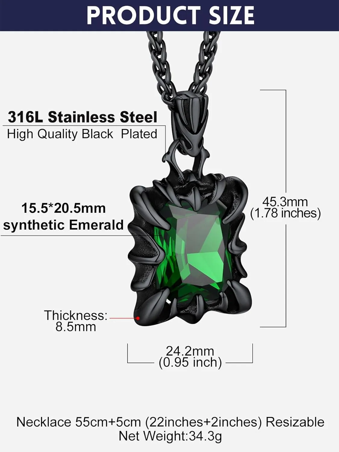 Bandmax Gothic Stone Pendant Necklaces for Men Women Stainless Steel Dragon Claw Ruby/Blue Topaz/Emerald/Black Onyx Gemstone Pendant Goth Punk Designer Necklace Halloween Jewelry