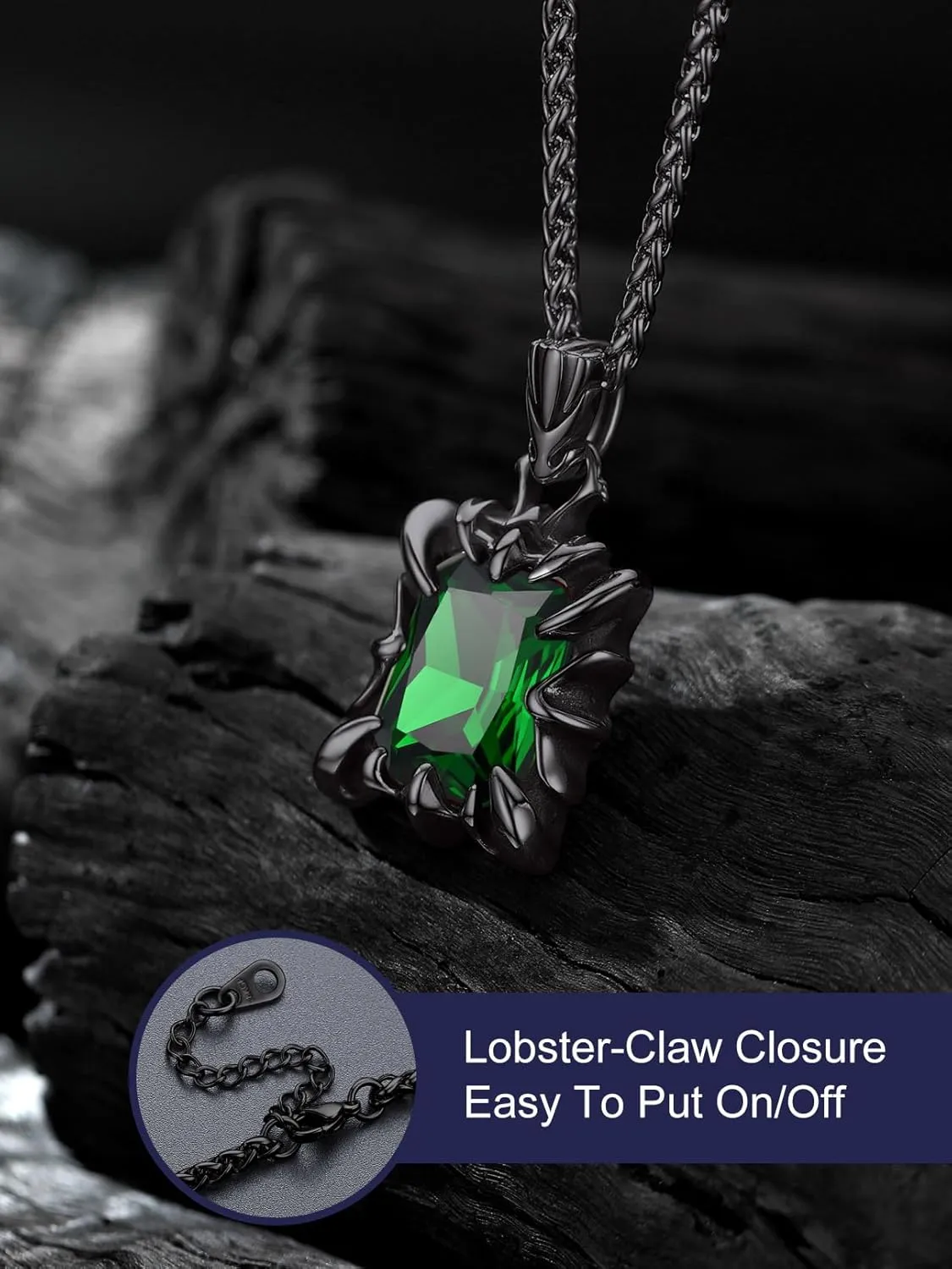 Bandmax Gothic Stone Pendant Necklaces for Men Women Stainless Steel Dragon Claw Ruby/Blue Topaz/Emerald/Black Onyx Gemstone Pendant Goth Punk Designer Necklace Halloween Jewelry