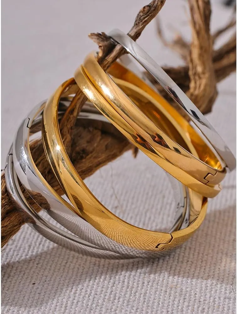 Bangle Bracelets for Women: 18K Gold/Silver Plated Stainless Steel Waterproof Bangles for Small Wrists Non Tarnish Closed Oval Cuff with Openable Gold Jewelry