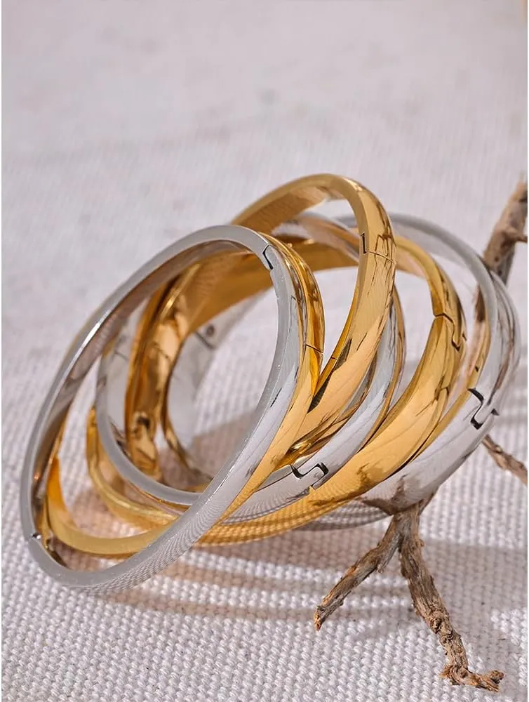 Bangle Bracelets for Women: 18K Gold/Silver Plated Stainless Steel Waterproof Bangles for Small Wrists Non Tarnish Closed Oval Cuff with Openable Gold Jewelry