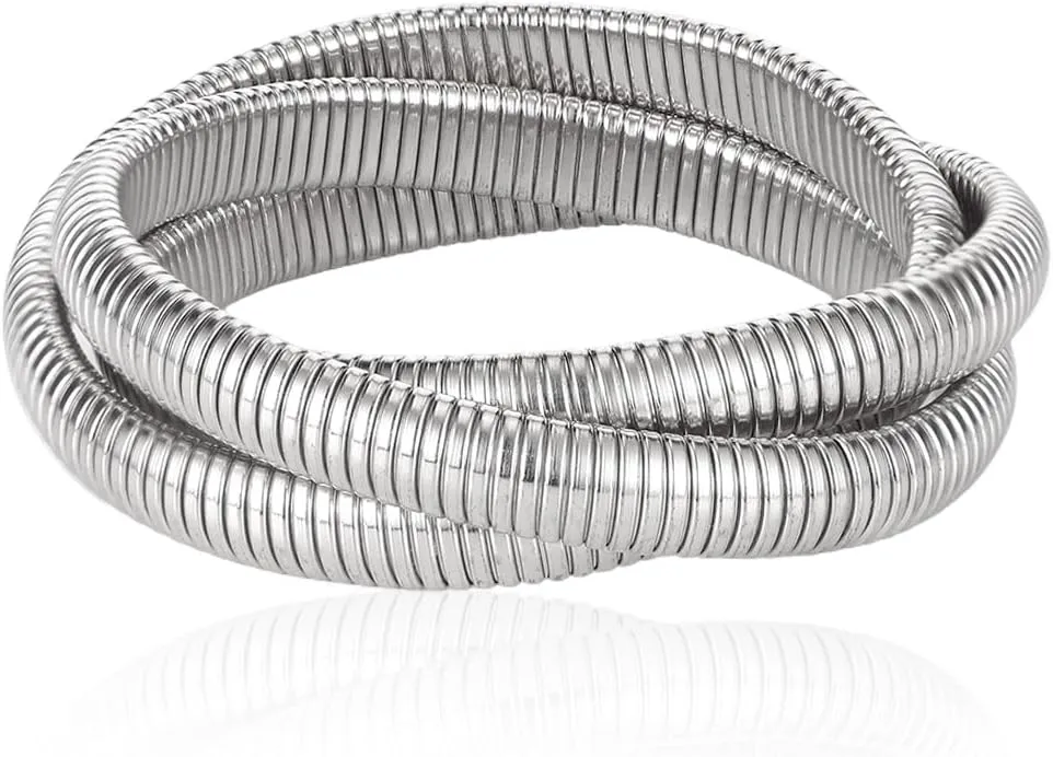 Bangles for Women Chunky Stretch Bangles Bracelets Set Plated Stainless Steel Link Chain Bracelets Flexible Wide Wristband Set of 3 Jewelry for Women