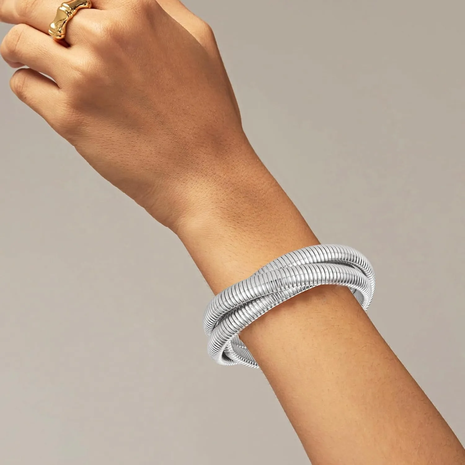 Bangles for Women Chunky Stretch Bangles Bracelets Set Plated Stainless Steel Link Chain Bracelets Flexible Wide Wristband Set of 3 Jewelry for Women