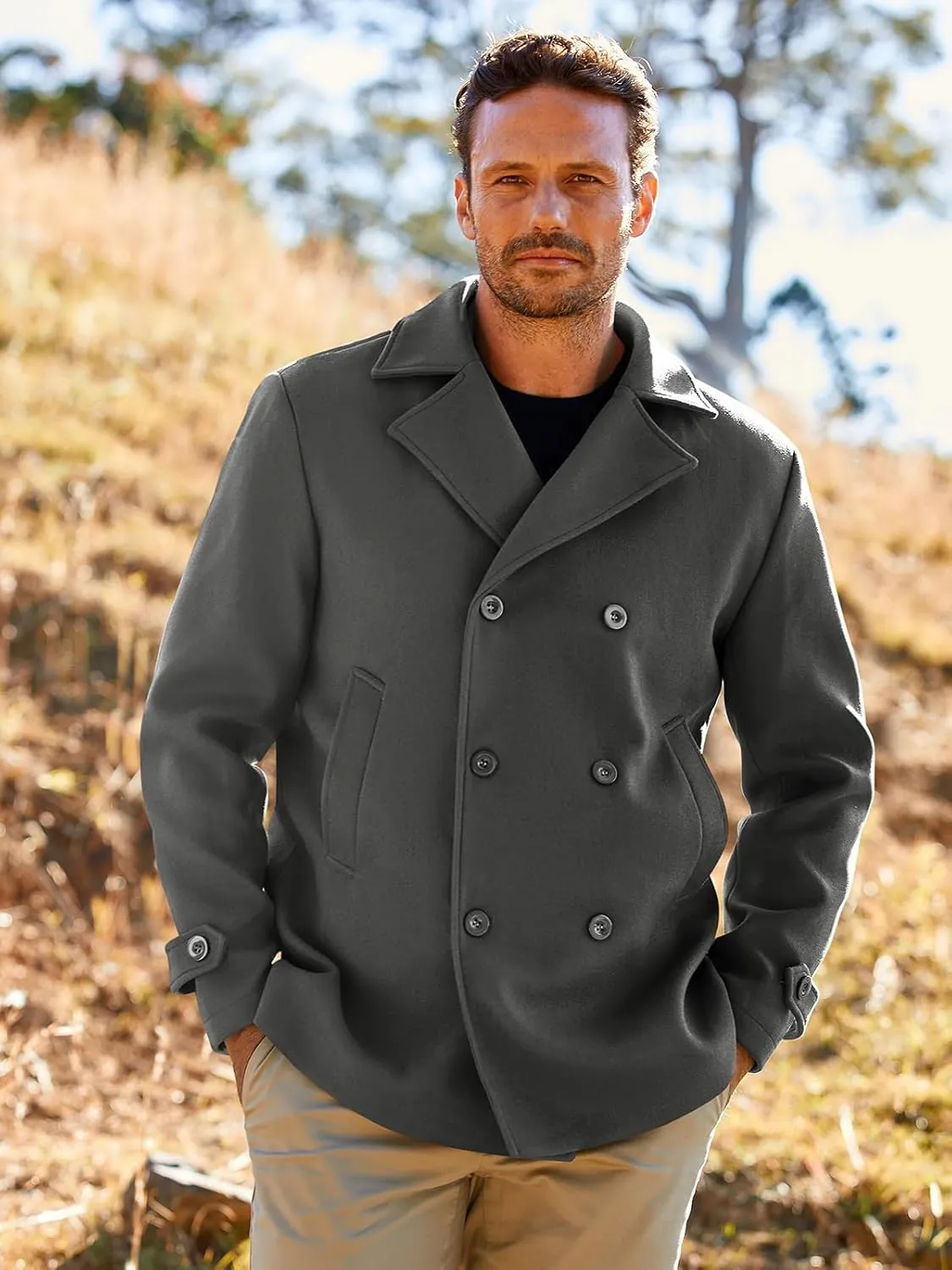Bbalizko Mens Classic Pea Coat Notched Collar Double Breasted Slim Fit Winter Warm Heavyweight Trench Coats